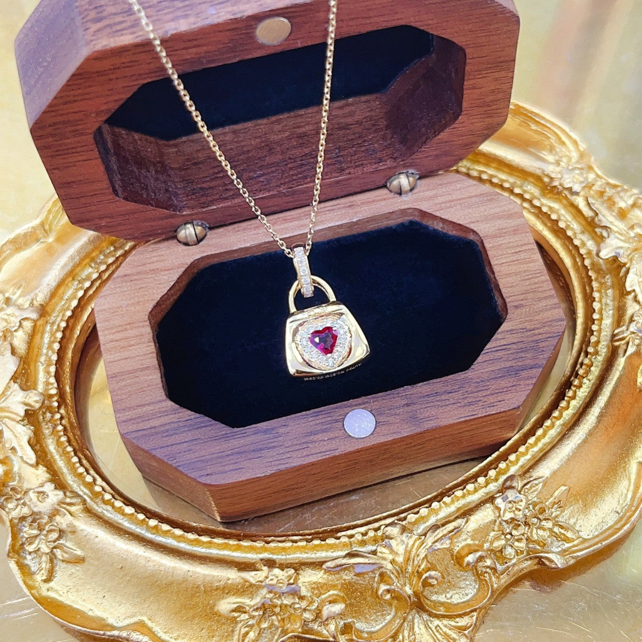 18K Rose Gold Heart-Shaped Bag Pendant Necklace with Rubies - Red Treasure Necklace