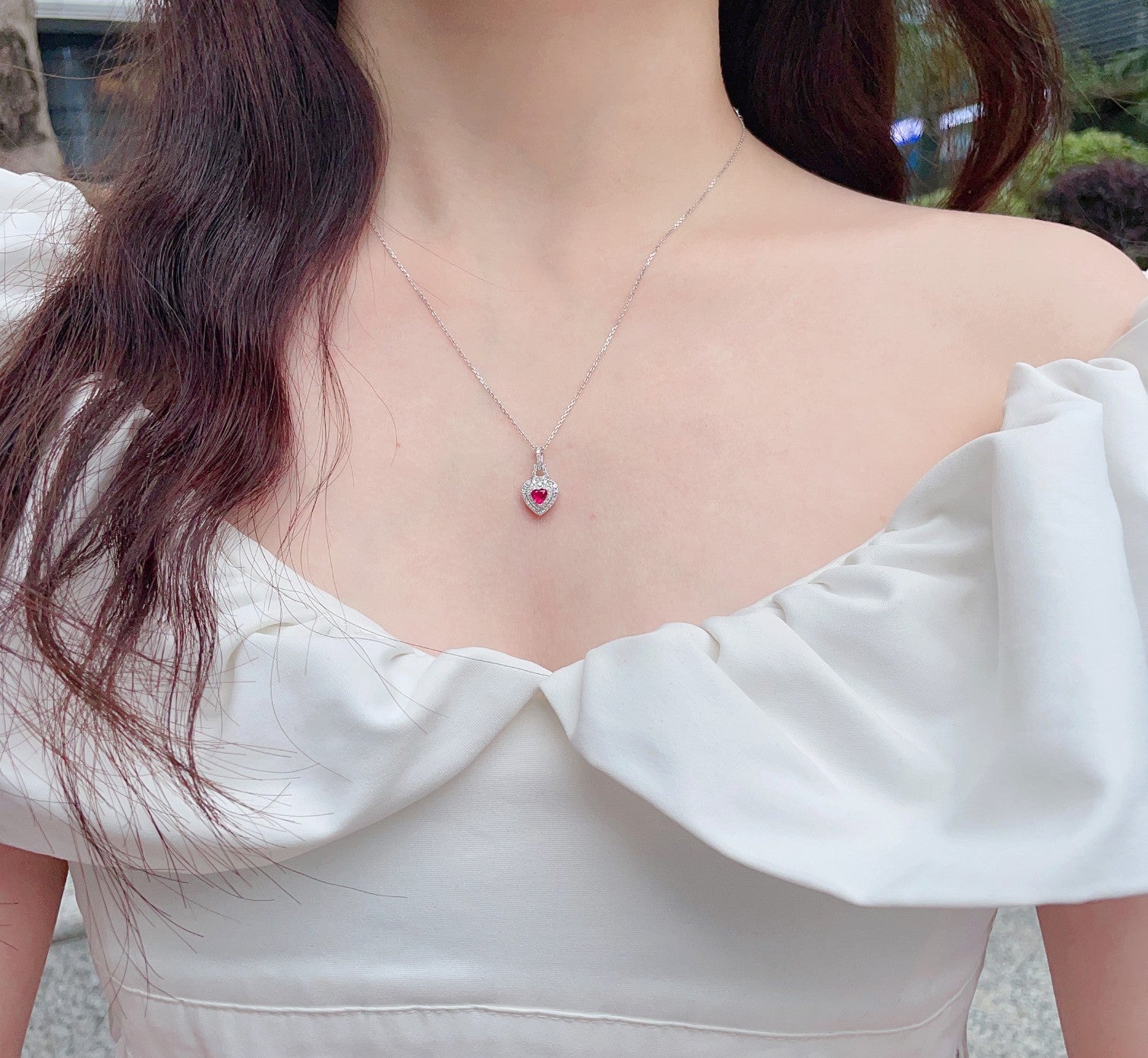 18K Rose Gold Heart-Shaped Double Halo Full Diamond Necklace - Red Treasure Necklace