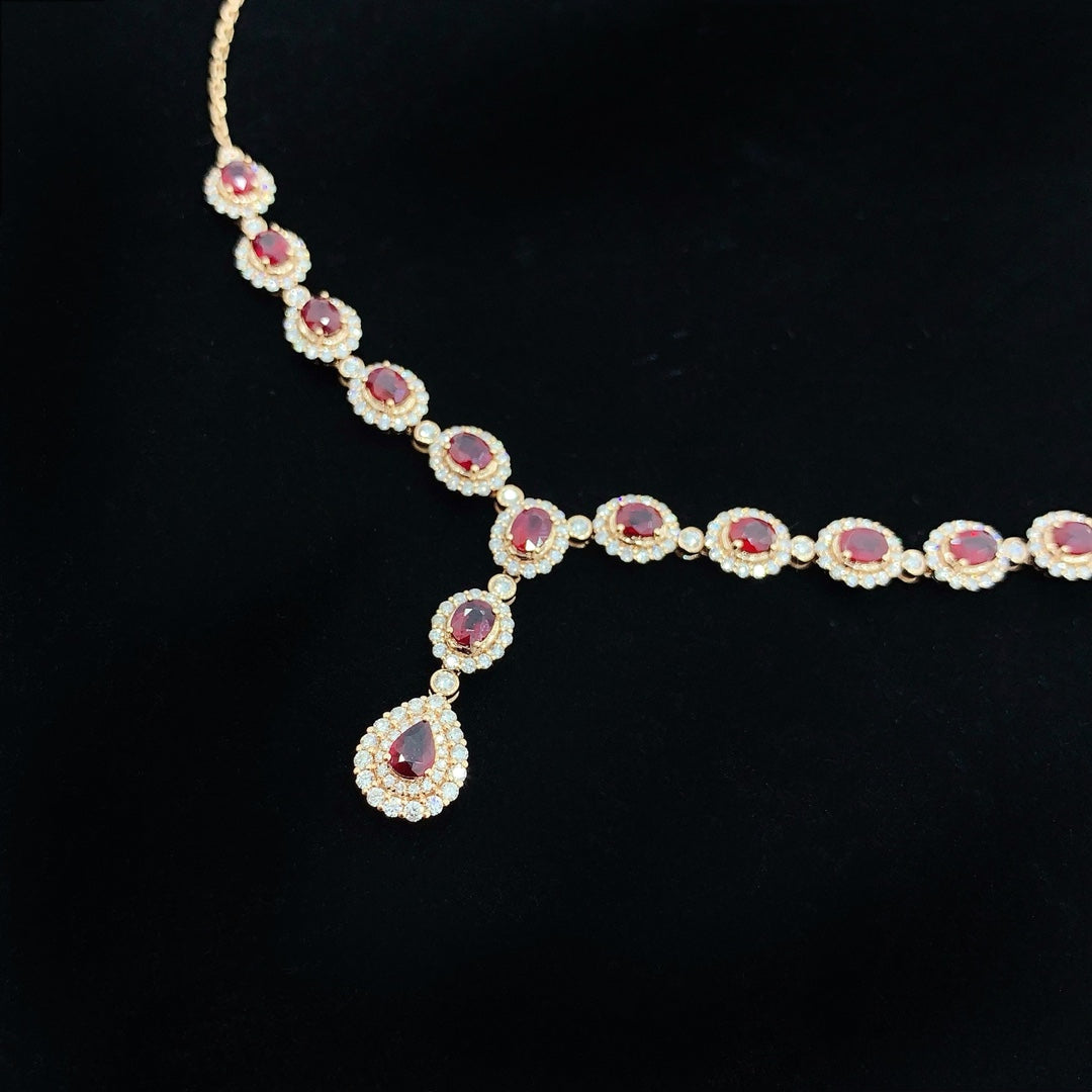 18K Rose Gold Ruby Drop Bubble Spacer Y-Shaped Pendant Necklace - Jewelry Delight - Red Treasure Necklace