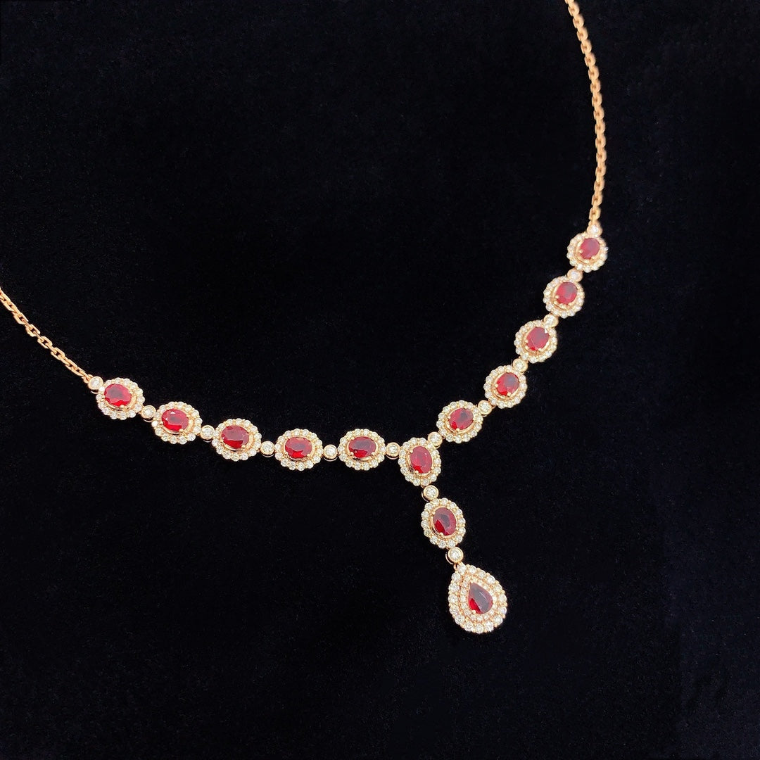 18K Rose Gold Ruby Drop Bubble Spacer Y-Shaped Pendant Necklace - Jewelry Delight - Red Treasure Necklace