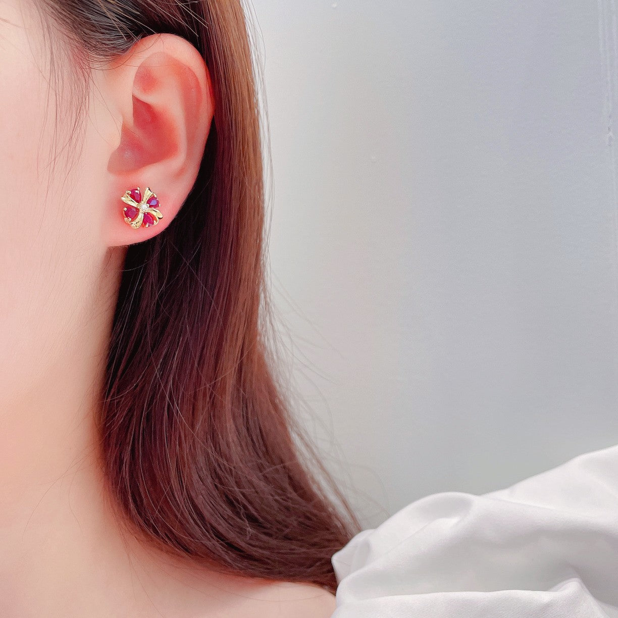 18K Rose Gold Ruby Waterdrop Four-Leaf Clover Stud Earrings Jeweler.Jewelry