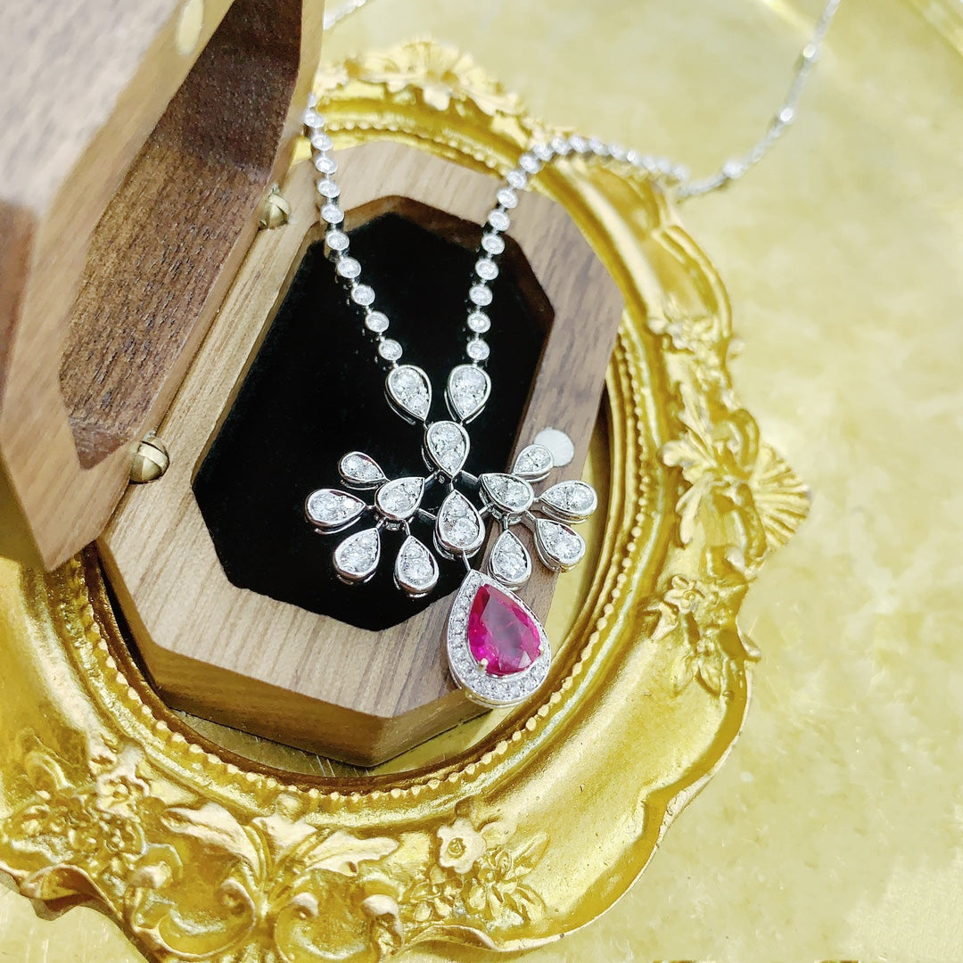 18K Ruby Drop Peacock Pendant Set - Exquisite Jewelry - Red Treasure Necklace