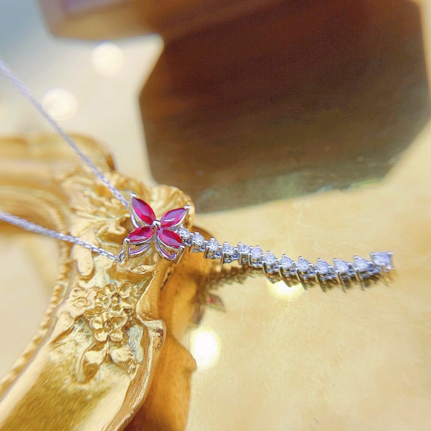 18K Ruby Four-Leaf Marquise Necklace - Exquisite Jewelry Piece - Red Treasure Necklace