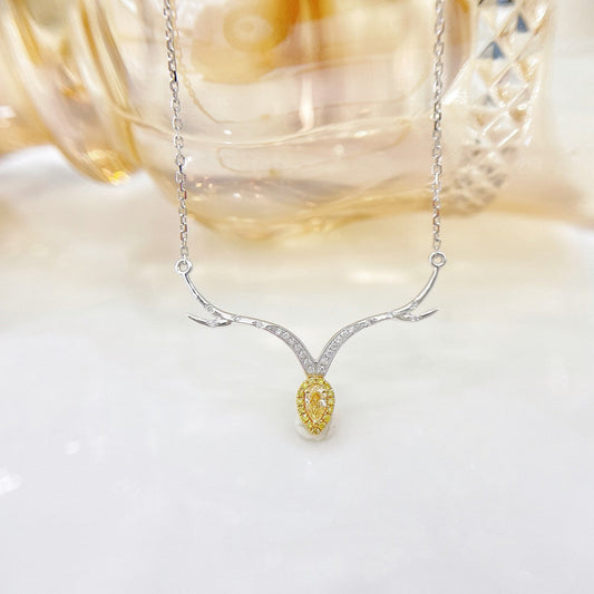 18K Yellow Gold Diamond and Teardrop Deer Antler Pendant - Exquisite Jewelry - Yellow Diamond Necklace