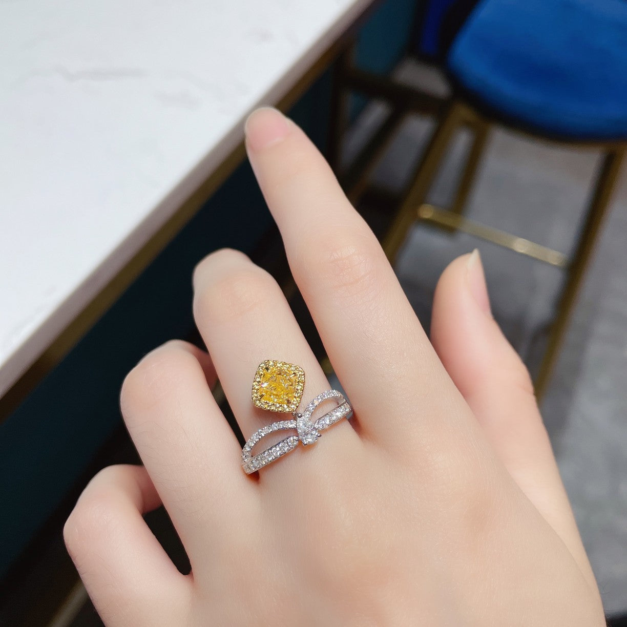 18K Yellow Gold Diamond Cushion-Cut Chaumet Ring - Premium Jewelry - Yellow Diamond Ring