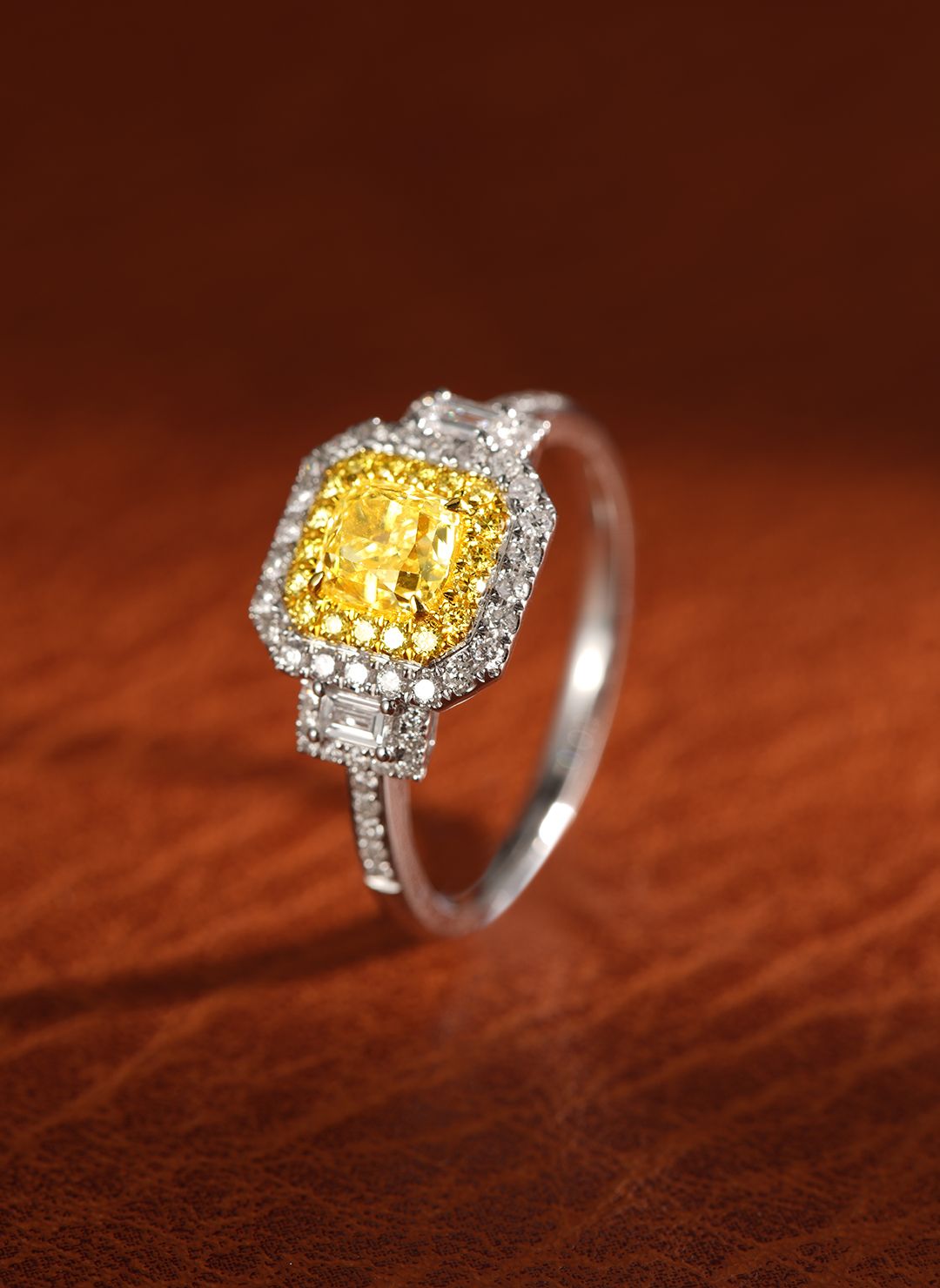 18K Yellow Gold Diamond Cushion-Cut Double Shank Ring with AGL Certificate - Luxury Jewelry - Yellow Diamond Ring