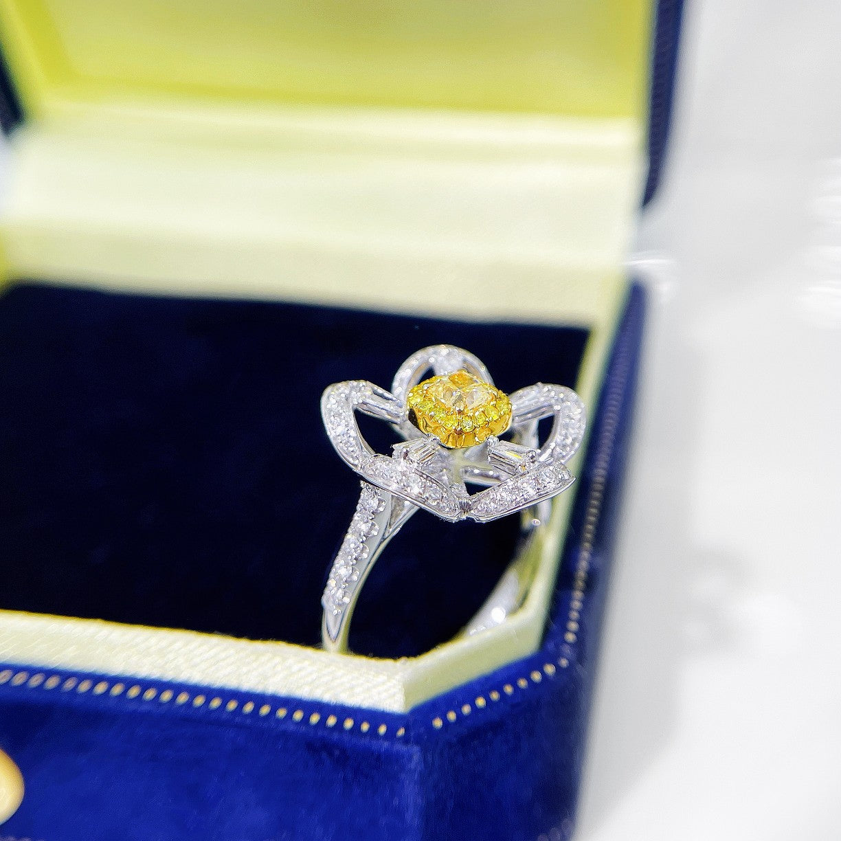 18K Yellow Gold Diamond Cushion-Cut Five-Flower Ring | Premium Jewelry - Yellow Diamond Ring