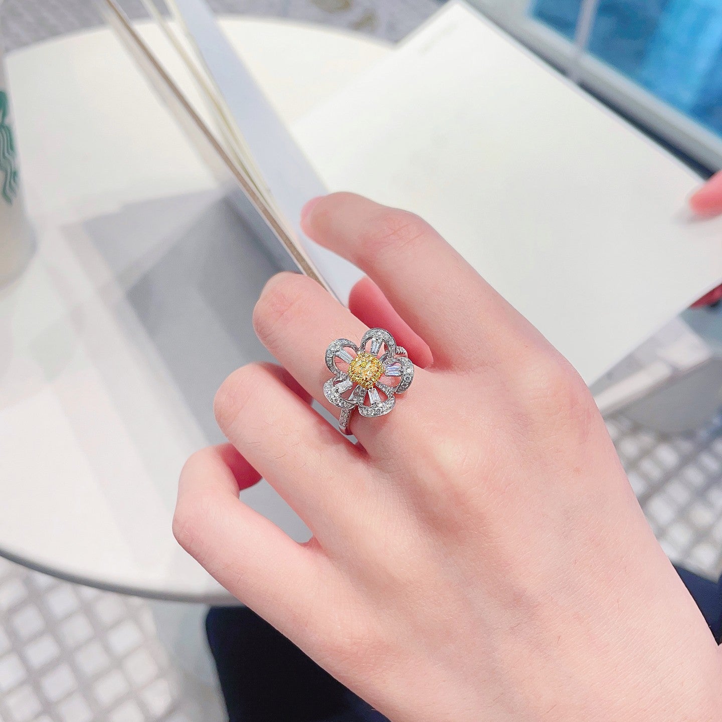 18K Yellow Gold Diamond Cushion-Cut Five-Flower Ring | Premium Jewelry - Yellow Diamond Ring