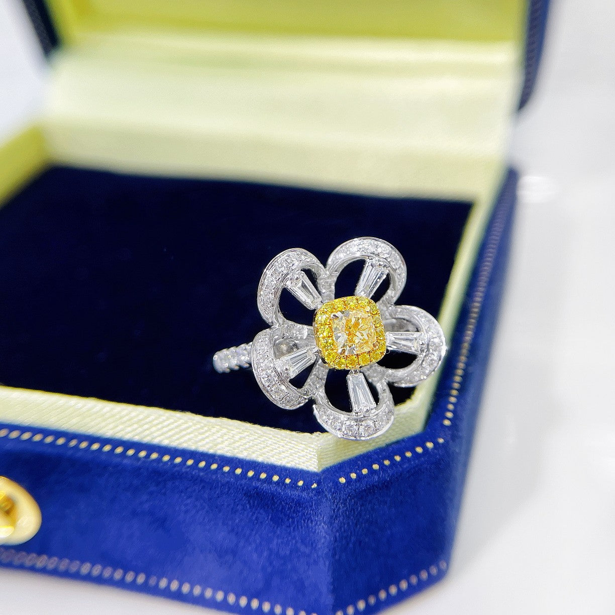 18K Yellow Gold Diamond Cushion-Cut Five-Flower Ring | Premium Jewelry - Yellow Diamond Ring