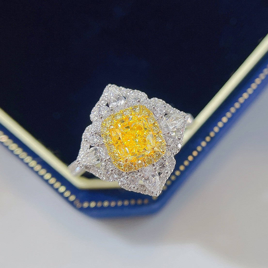 18K Yellow Gold Diamond Cushion-Cut Four-Petal Flower Ring - Yellow Diamond Ring