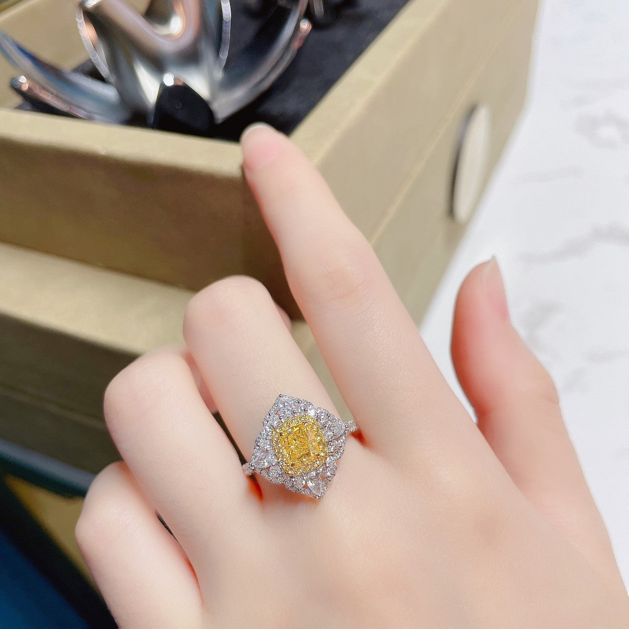 18K Yellow Gold Diamond Cushion-Cut Four-Petal Flower Ring - Yellow Diamond Ring