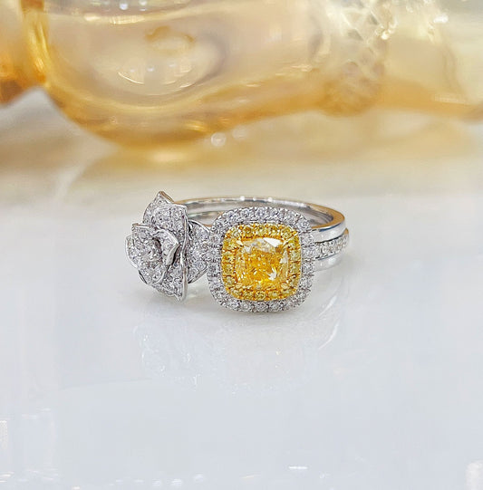 18K Yellow Gold Diamond Cushion-Cut GIA Certified Ring - Jewelry of Elegance - GIA Yellow Diamond Ring