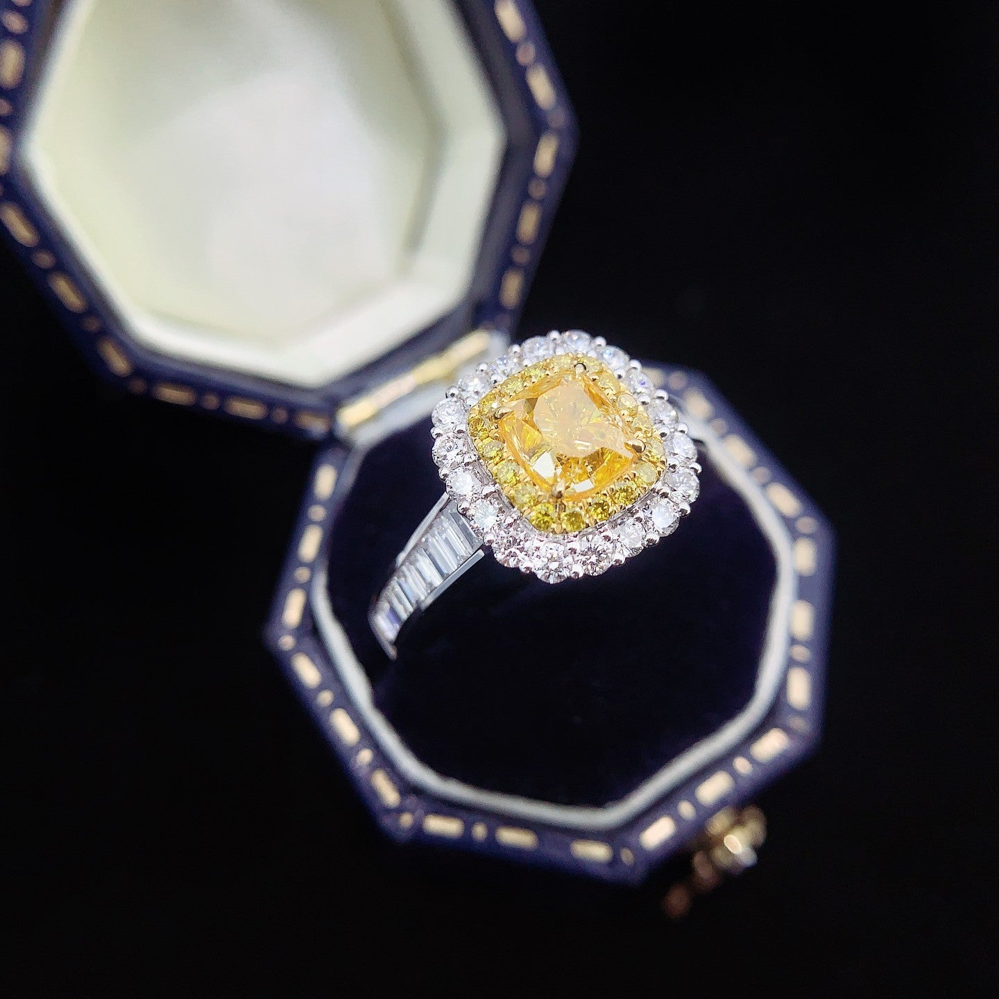 18K Yellow Gold Diamond Cushion-Cut Halo Ring - Premium Jewelry - Yellow Diamond Ring