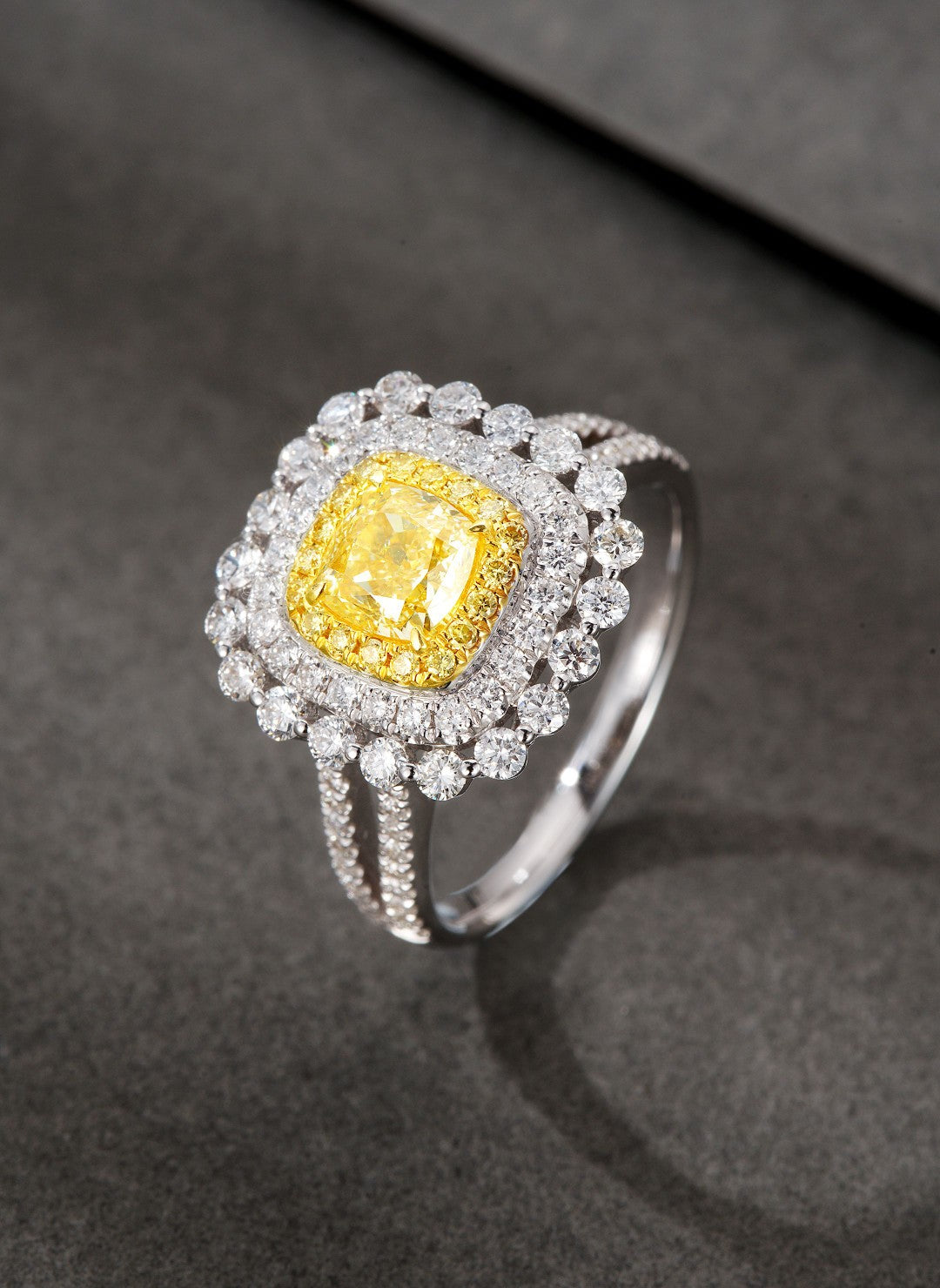 18K Yellow Gold Diamond Cushion-Cut Halo Ring - Premium Jewelry - Yellow Diamond Ring