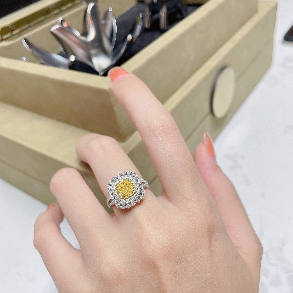 18K Yellow Gold Diamond Cushion-Cut Halo Ring - Premium Jewelry - Yellow Diamond Ring