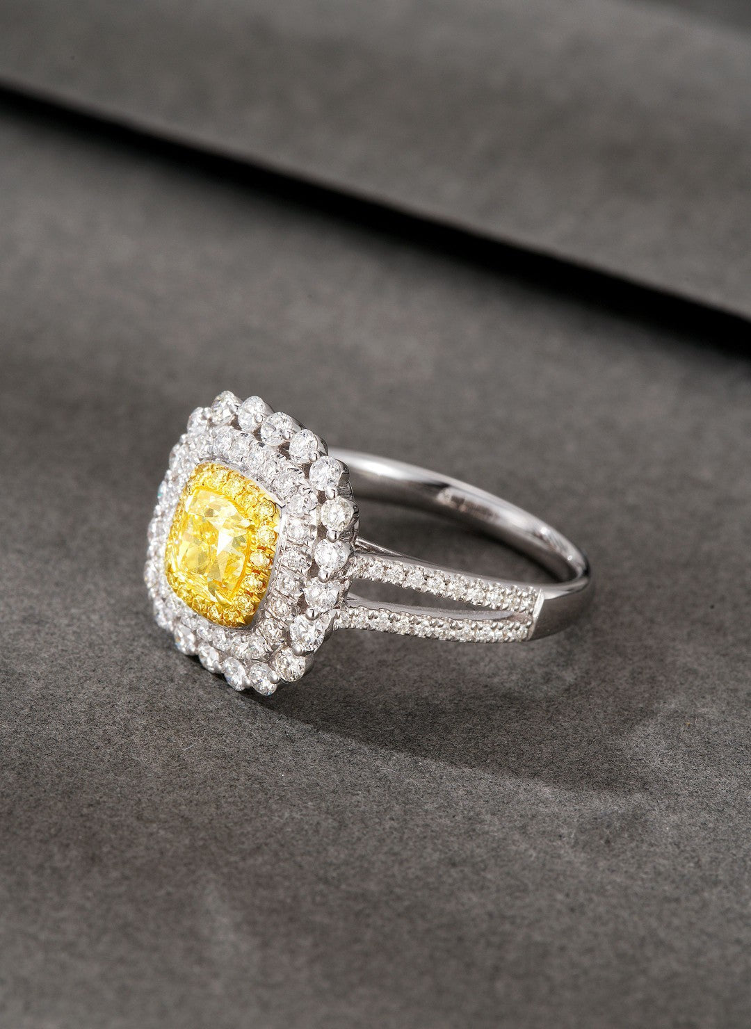 18K Yellow Gold Diamond Cushion-Cut Halo Ring - Premium Jewelry - Yellow Diamond Ring