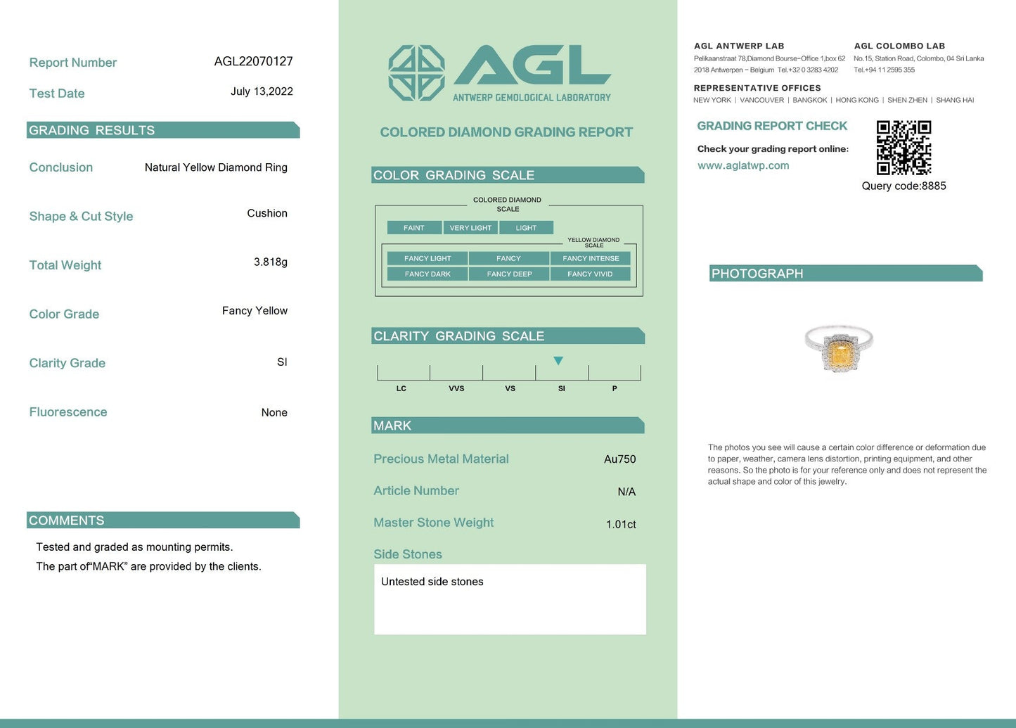 18K Yellow Gold Diamond Cushion-Cut Ocean Wave Ring with AGL Certificate - Yellow Diamond Ring