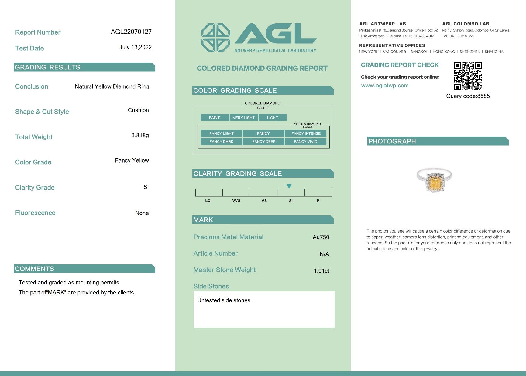 18K Yellow Gold Diamond Cushion-Cut Ocean Wave Ring with AGL Certificate - Yellow Diamond Ring