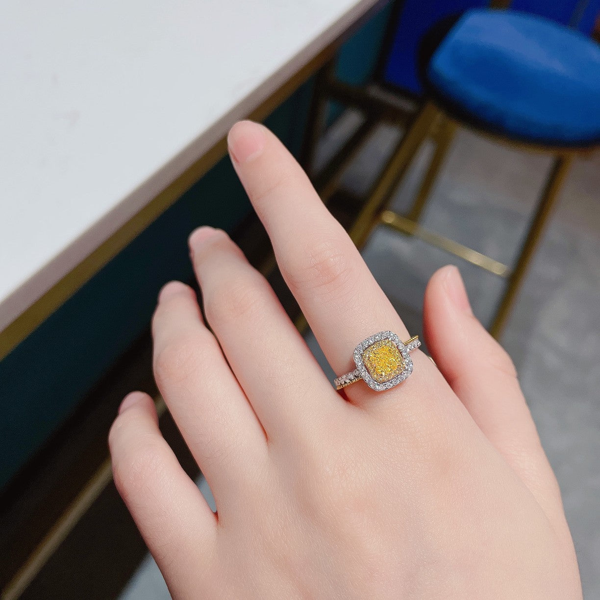 18K Yellow Gold Diamond Cushion-Cut Split-Color Ring | Premium Jewelry - Yellow Diamond Ring