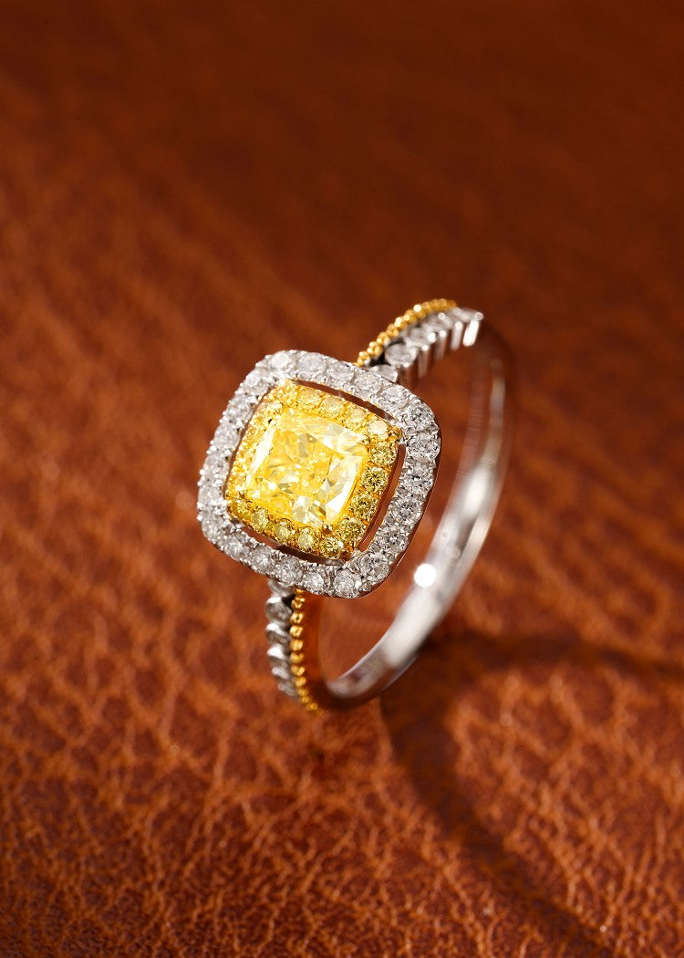 18K Yellow Gold Diamond Cushion-Cut Split-Color Ring | Premium Jewelry - Yellow Diamond Ring