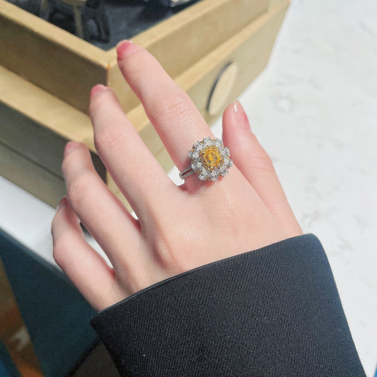 18K Yellow Gold Diamond Cushion-Cut Teardrop Color-Separated Ring | Premium Jewelry - Yellow Diamond Ring