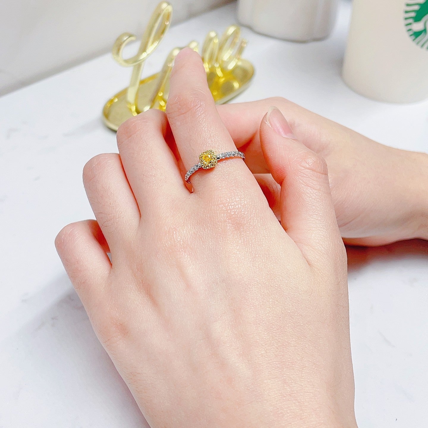18K Yellow Gold Diamond Cushion-Cut Twist Ring | Premium Jewelry - Yellow Diamond Ring