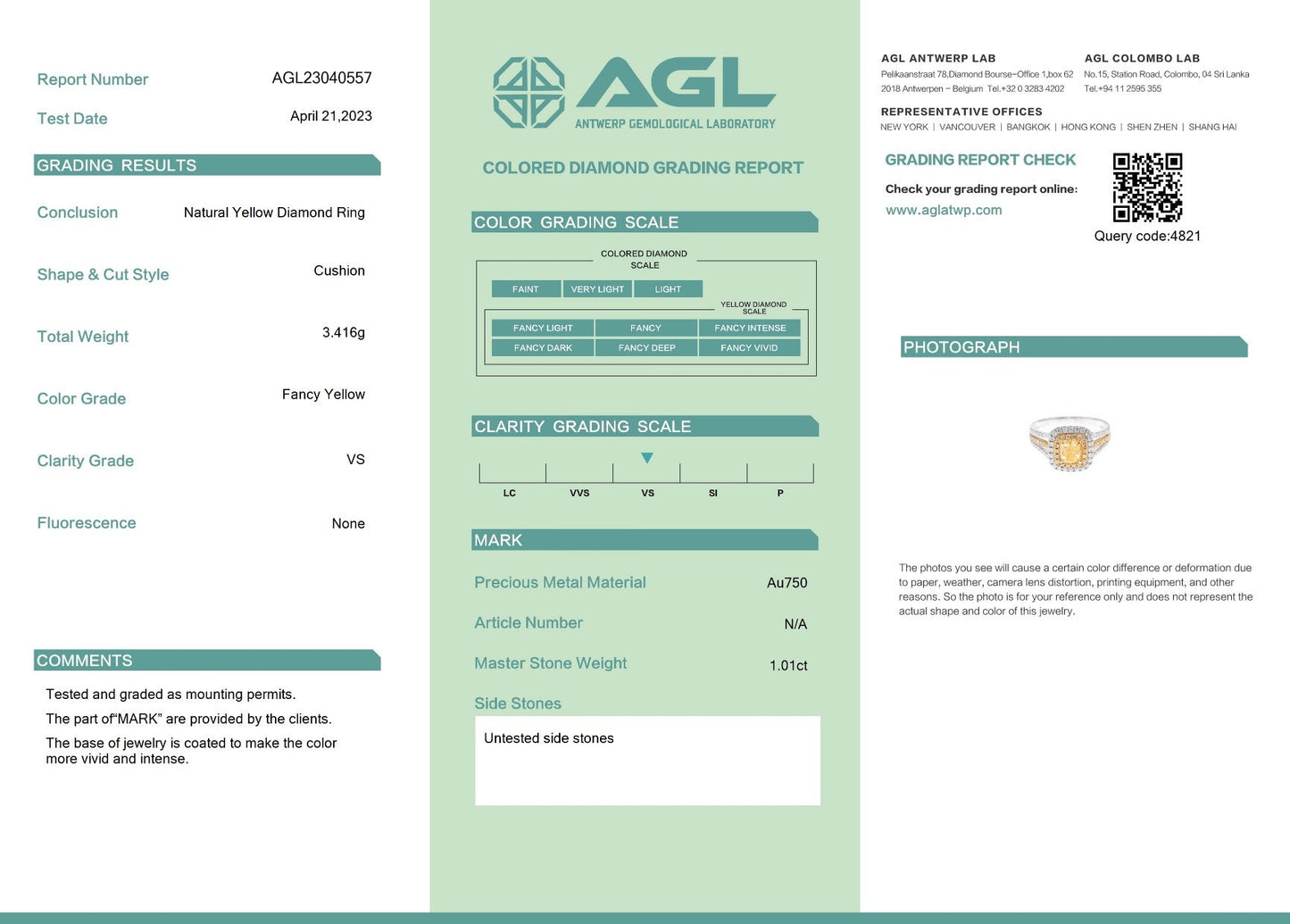 18K Yellow Gold Diamond Cushion-Cut Two-Tone Ring with AGL Certificate - Yellow Diamond Ring