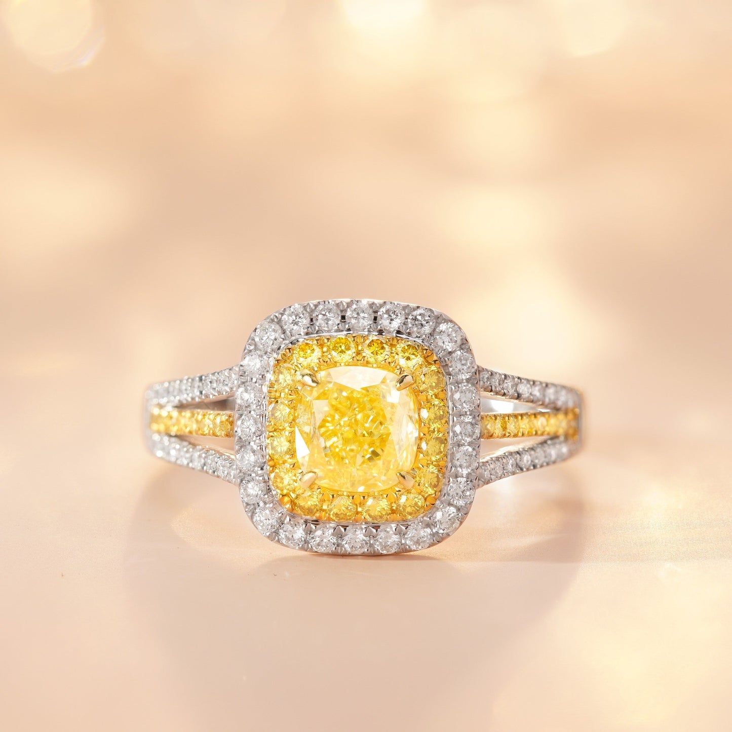 18K Yellow Gold Diamond Cushion-Cut Two-Tone Ring with AGL Certificate - Yellow Diamond Ring