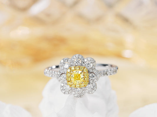 18K Yellow Gold Diamond Cushion Flower Ring - Luxury Jewelry - Yellow Diamond Ring