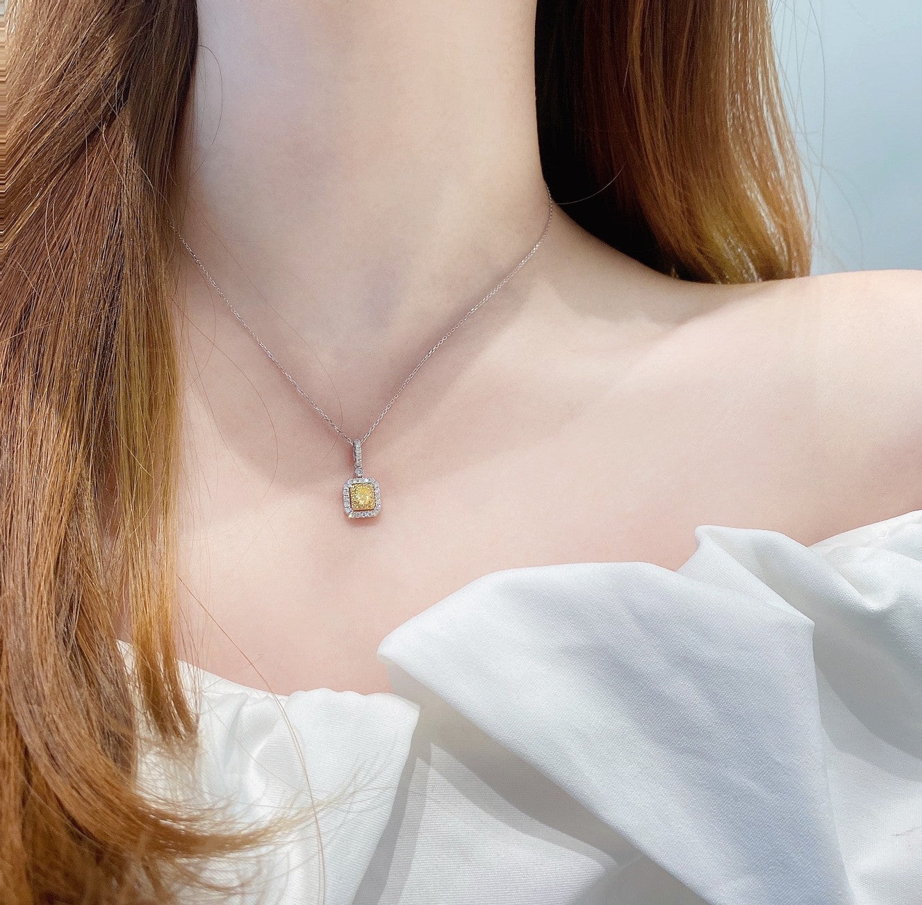 18K Yellow Gold Diamond Cushion Octagonal Hollow Pendant Necklace - Yellow Diamond Necklace