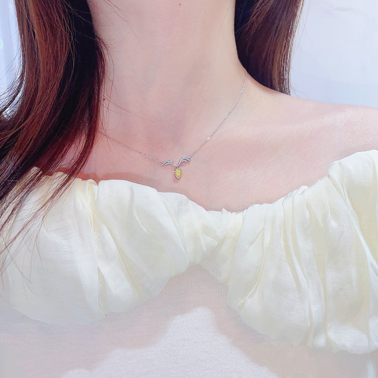 18K Yellow Gold Diamond Drop Pendant with Deer Antler Design - XL023-Y - Yellow Diamond Necklace