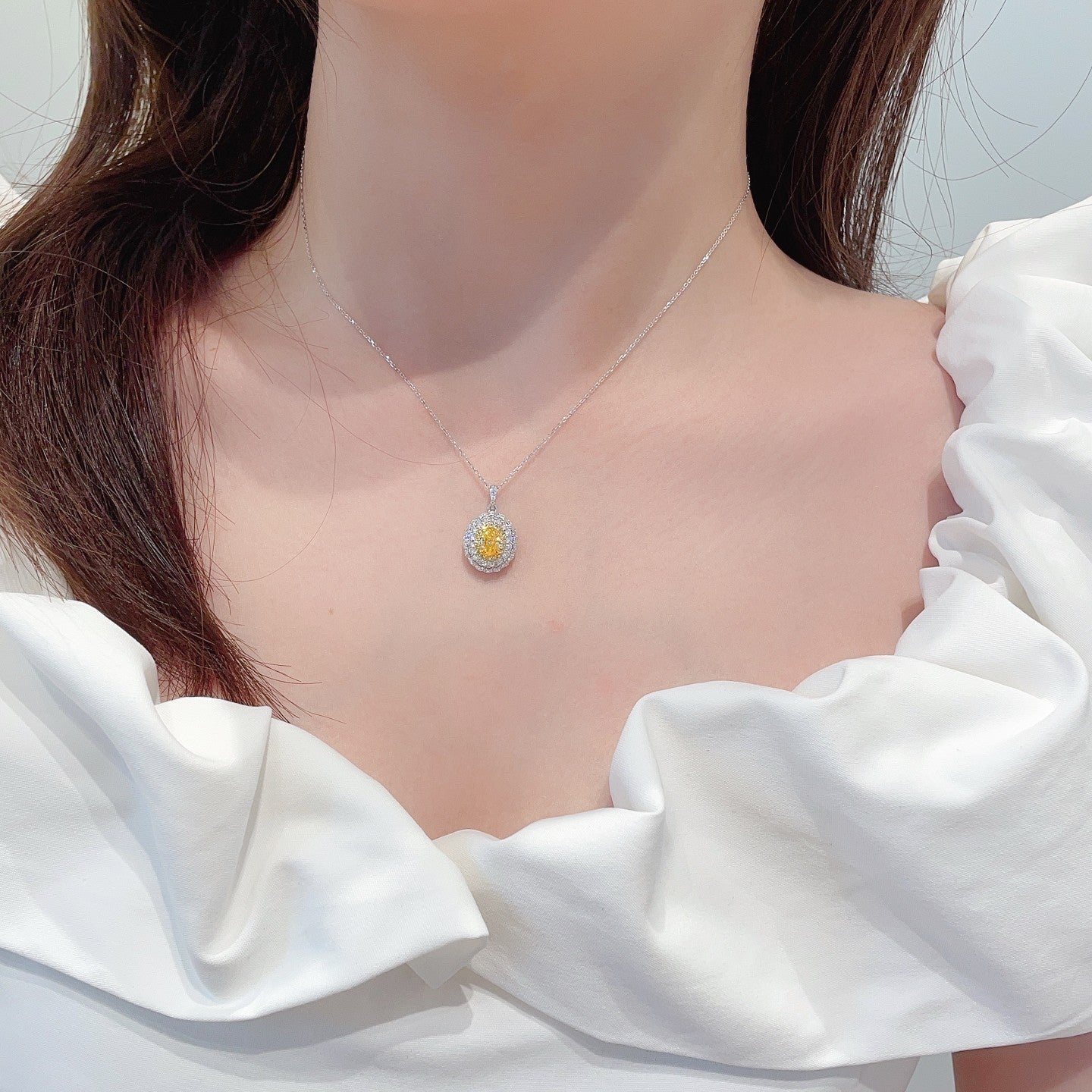 18K Yellow Gold Diamond Ellipse Pendant Necklace with Surrounding Stones - Yellow Diamond Necklace
