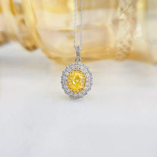 18K Yellow Gold Diamond Ellipse Pendant Necklace with Surrounding Stones - Yellow Diamond Necklace