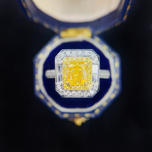 18K Yellow Gold Diamond GIA Cushion Halo Ring - GIA Yellow Diamond Ring