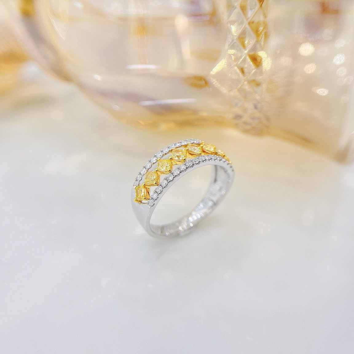 18K Yellow Gold Diamond Pillow Shape Pavé Ring - Premium Jewelry - Yellow Diamond Ring