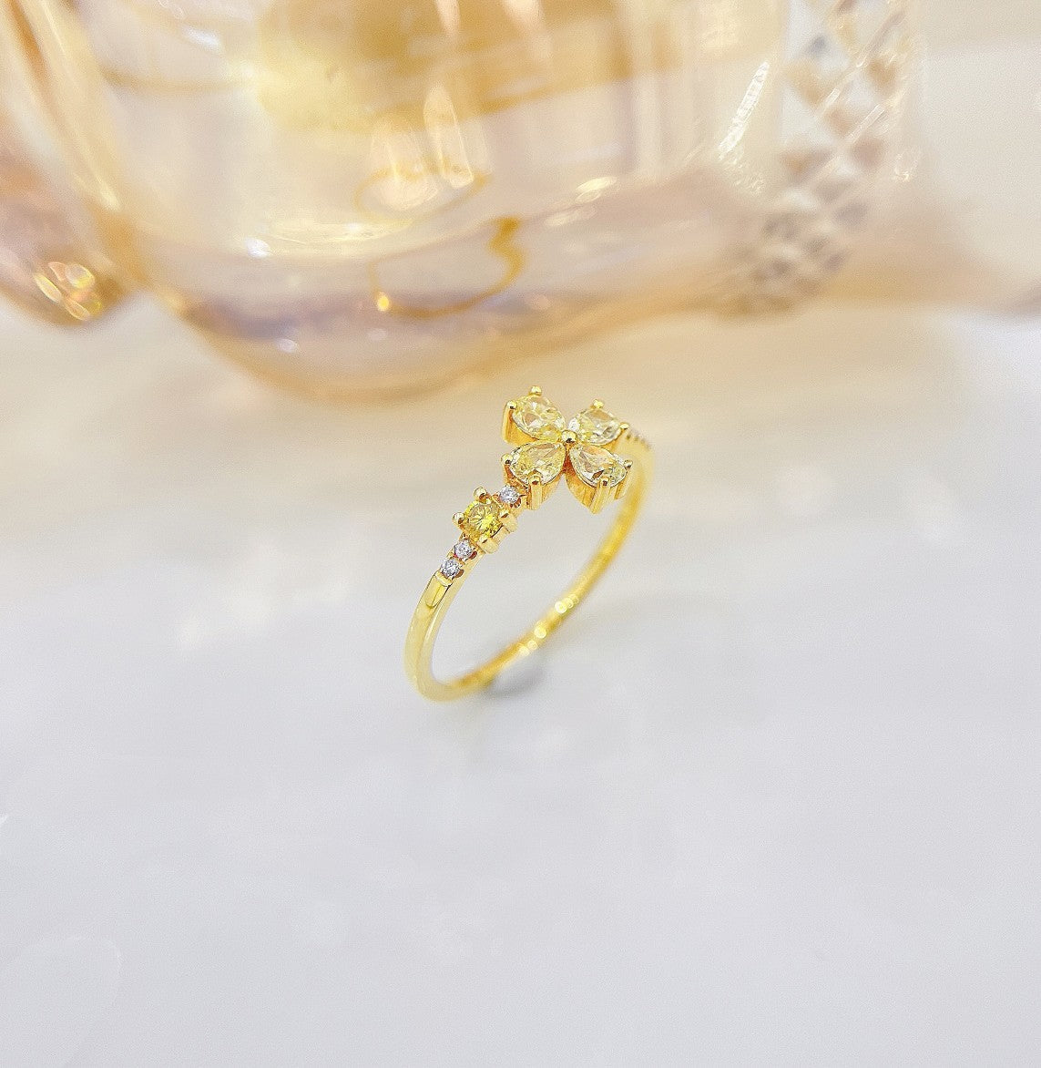 18K Yellow Gold Diamond Waterdrop Four-Leaf Clover Ring | Luxury Jewelry - Yellow Diamond Ring