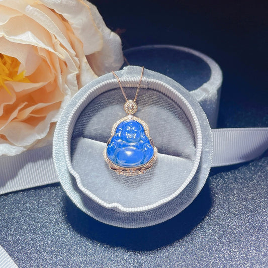 Nouveauté : Pendentif « Bouddha » en or 18 carats incrusté d'ambre bleu dominicain - Bijoux