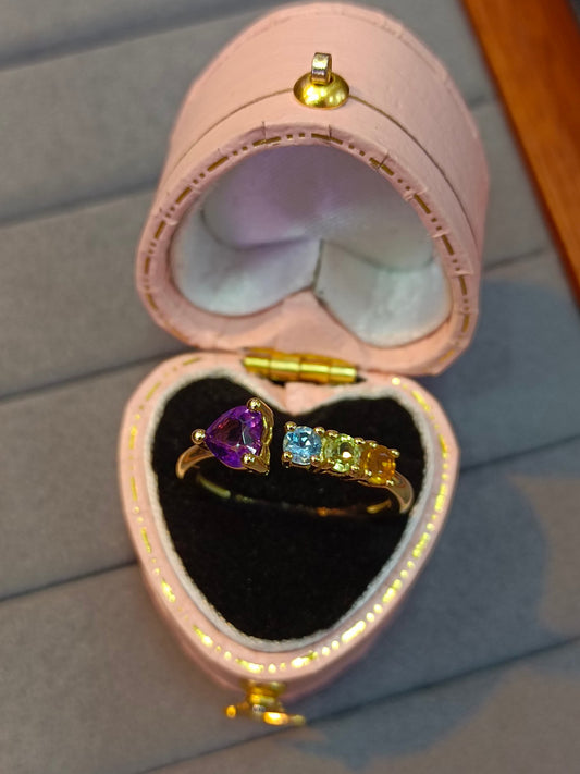 S925 sterlingsølv hjerteformet ametyst ring med flere edelstener med håndverk i 18K gull