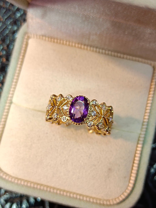 Anello in argento sterling S925 con ametista viola incorporata e tecnica in oro 18 carati - Design di gioiello unico