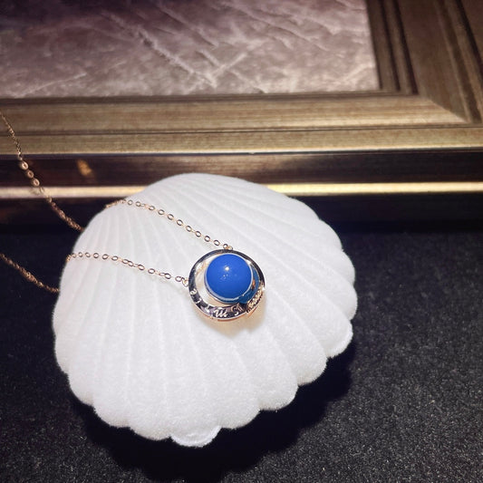 Élégant pendentif en ambre bleu dominicain intégré en or 18 carats - Bijoux uniques