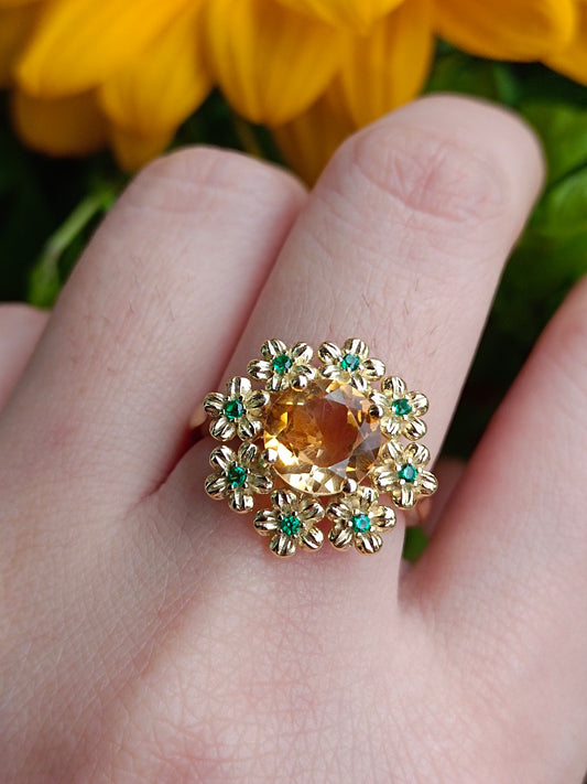 Squisito anello con fiore di prosperità citrino naturale - pezzo di gioielleria unico