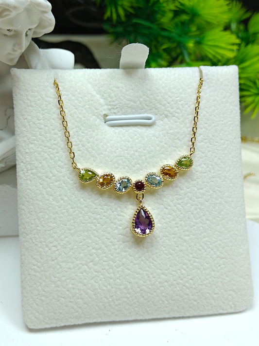 Elegant S925 Sterling Silver Amethyst Drop Multistone Necklace with 18K Gold Embedding - Unique Jewelry