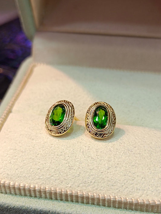 S925 Sterling Silver with Diopside Embedded Earrings in 18K Gold Technique - French Vintage Palace Style
