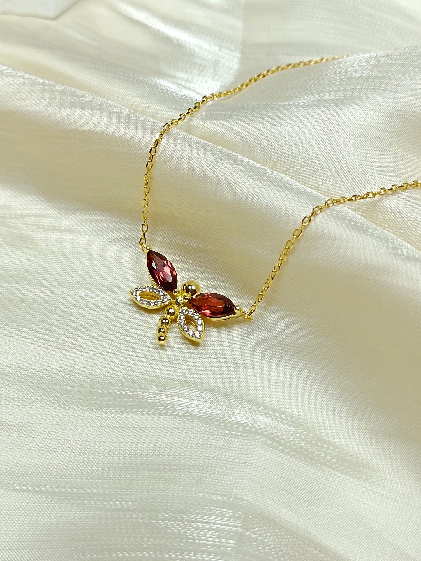 S925 Sterling Silver Garnet "Dragonfly" Necklace - Luxury Minimalist Jewelry