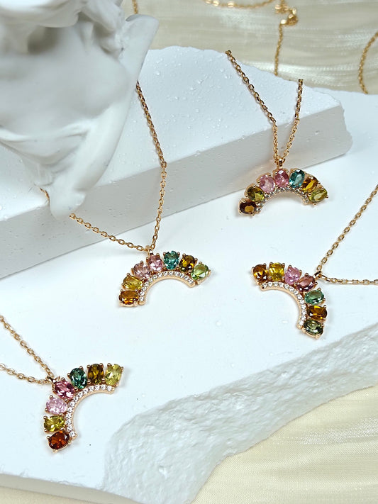 S925 Sterling Silver Fine Craftsmanship Embedded with Tourmaline Necklace - Summer Fresh Rainbow Jewelry