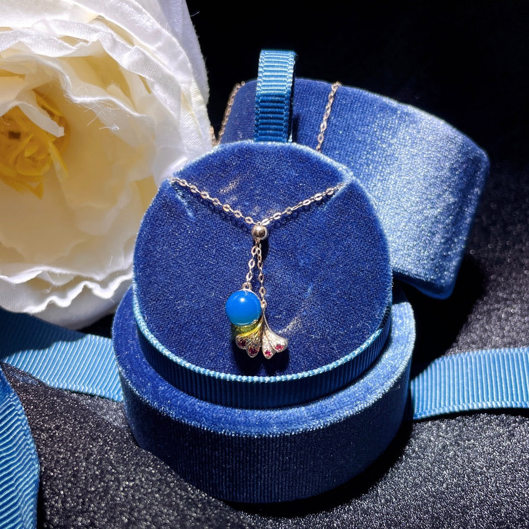 قلادة رائعة من الذهب الدومينيكاني من الكهرمان الأزرق عيار 18 قيراط - مجوهرات فريدة