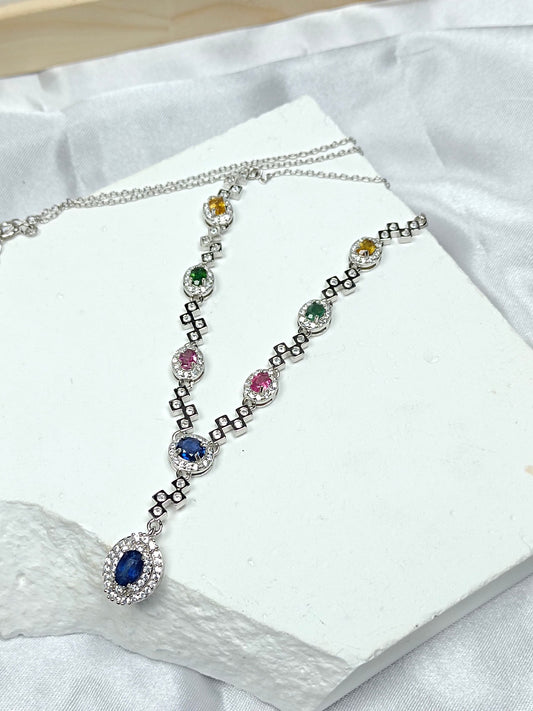 Luxe S925 zilveren ingebedde saffier en toermalijn kettingsieraden