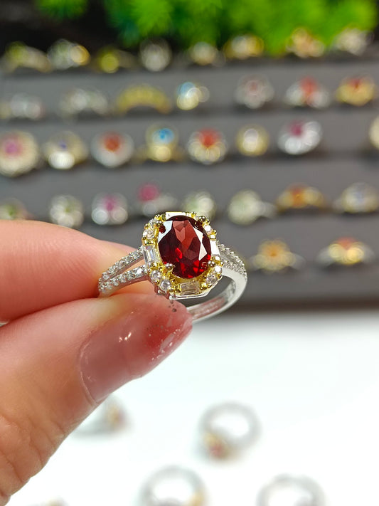 Inel elegant cu granat din argint sterling - bijuterii de artizanat reglabil în două tonuri