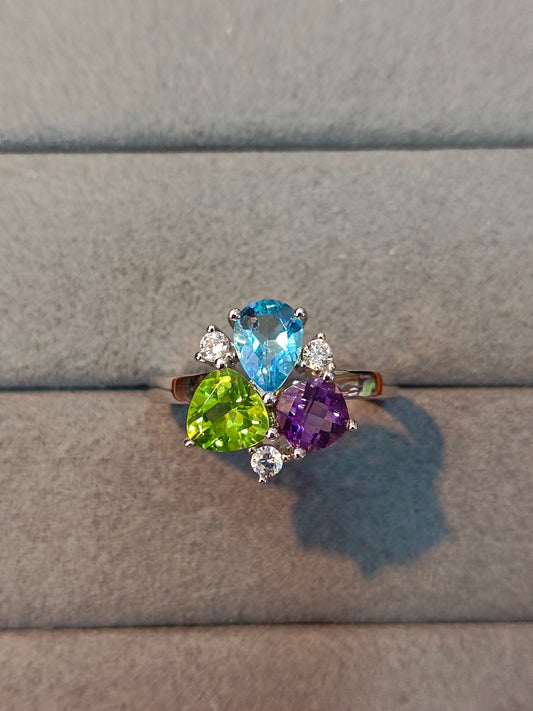 S925 Sterlingsølv fine smykker med multi-perle-innstøping - Ametyst, Topaz, Peridot Ring