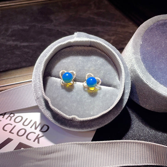 精美 18K 金嵌入式多米尼加蓝琥珀耳环 - 珠宝之乐